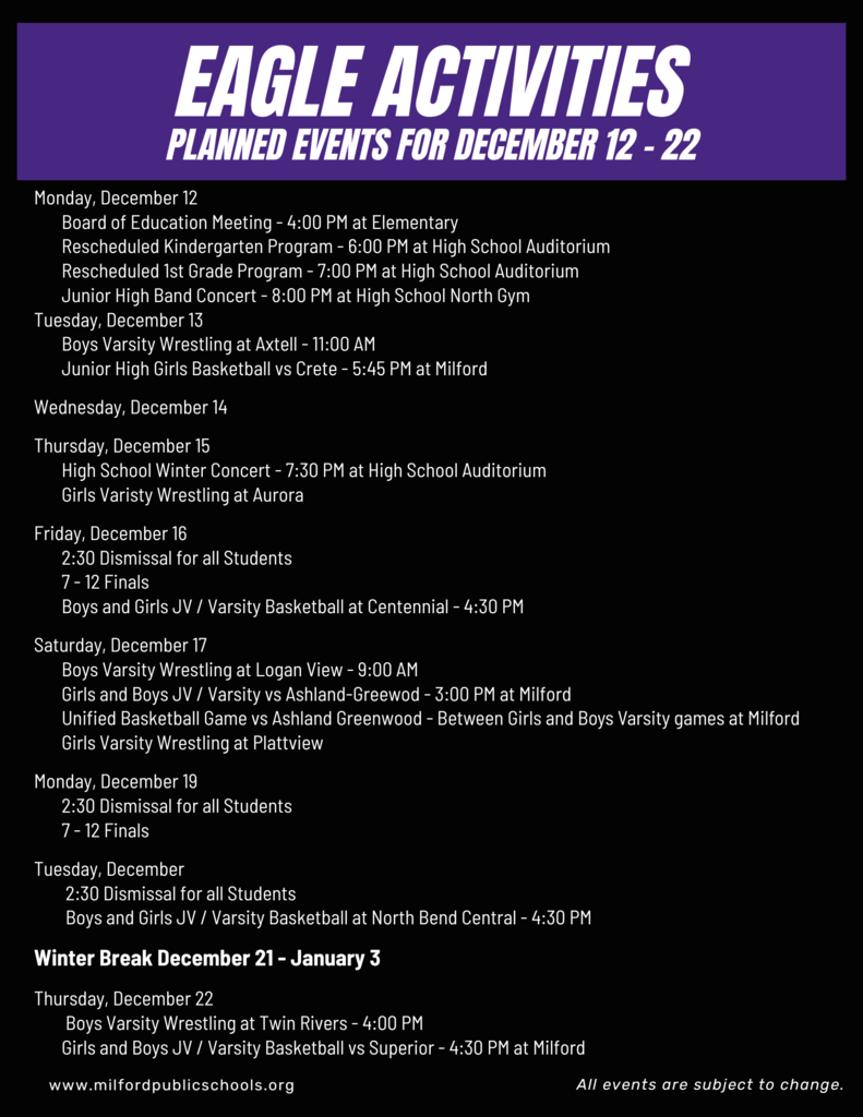 Activities Dec 12 - 22